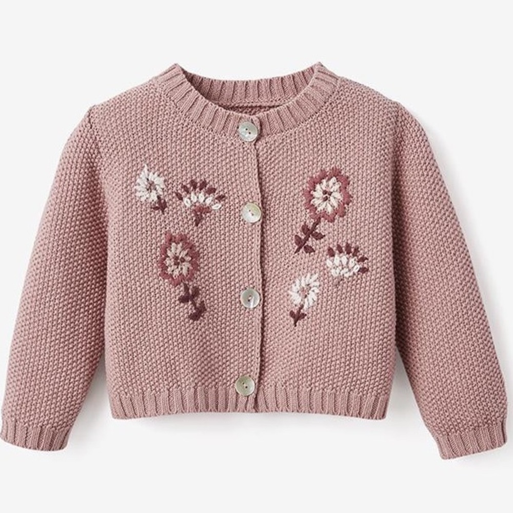 NWT Elegant Baby Girl Textured Cotton Floral Embroidered Knit Cardigan, 6 Months